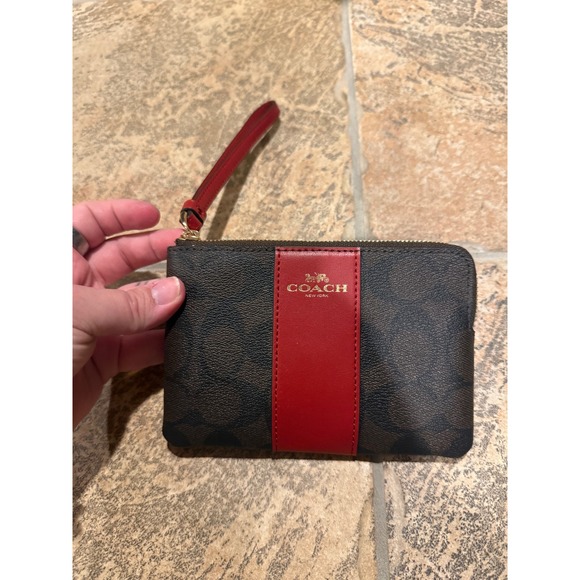 Coach Handbags - Coach Corner Zip‎ Wristlet Signature Canvas Brown Red Varsity Stripe 58035 NWT